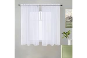 youleyar Solid Sheer Rod Pocket Curtain Voile Draperies 2 Panels White Beige Black Grey Coffee 38 Inch Width 45 Inch Long 1 Pair for Kitchen Bedroom Children Living Room Yard(White,38Wｘ45L)