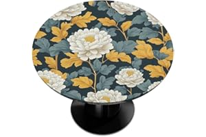 Klaizin Vintage White Rose Round Fitted Tablecloth, Waterproof Picnic Table Cover with Elastic Edge, Outdoor Table Cloth for 
