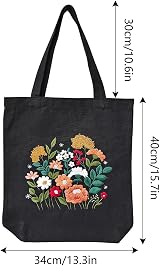 MAMUNU Canvas Tote Bag Embroidery Kit for Beginners Floral Pattern Black view 6