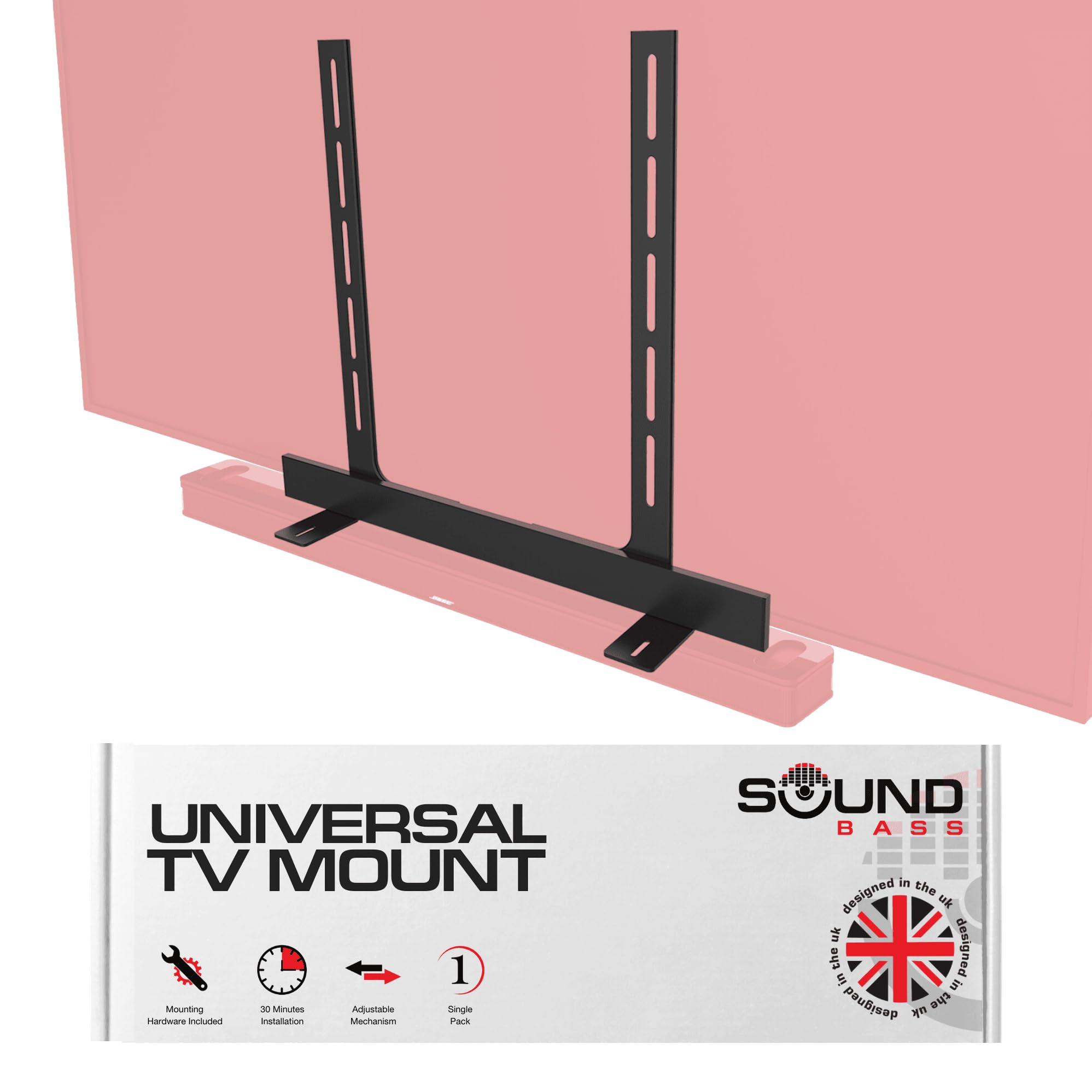 Sound Bass Universal Under TV Mount, Compatible With Bose Smart Soundbar 300/500/550/600/700/900/Ultra, TV Speaker, SoundTouch 300, Invisible Once Fitted, Fast & Easy Way to Mount Your Sound Bar Black