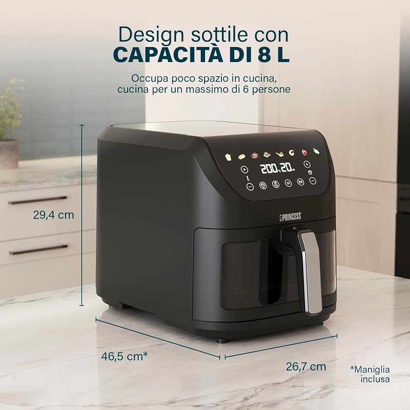 SlimFry Airfryer, 8L Capacità, 2000W, 8 Programmi, Display Touchscreen Digitale, Temperatura Regolabile, Finestra di Controllo, Spegnimento Automatico, Cestello Lavabile, 182257