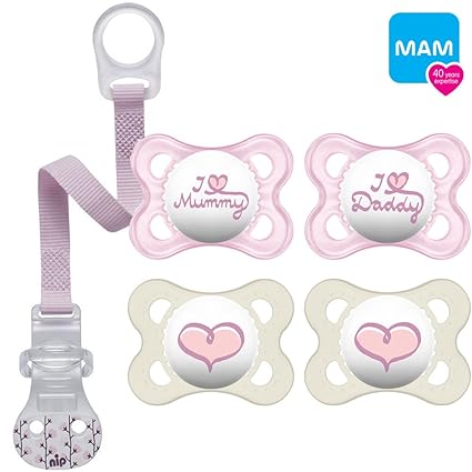 MAM Skin Soft Silikon Schnuller//I love mummy & daddy//0-6 Mo. Girl//4er Set//inkl. 2 Sterilisiertrasportboxen