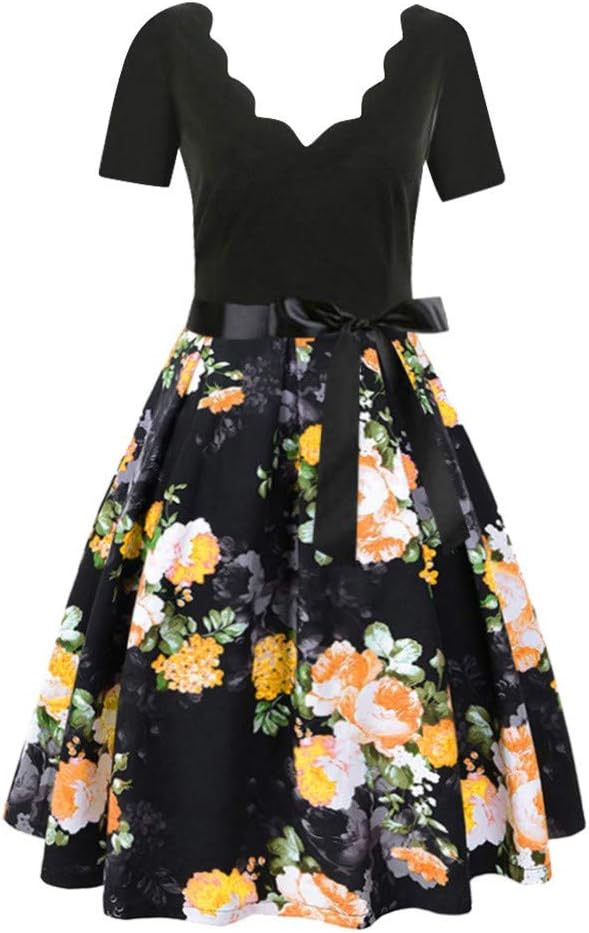 Mlide Vintage Print Flare Dress,Sleeveless&Short Sleeve,Women Bow Belt Party Evening Dress,Plaid&Flowers&Music Score