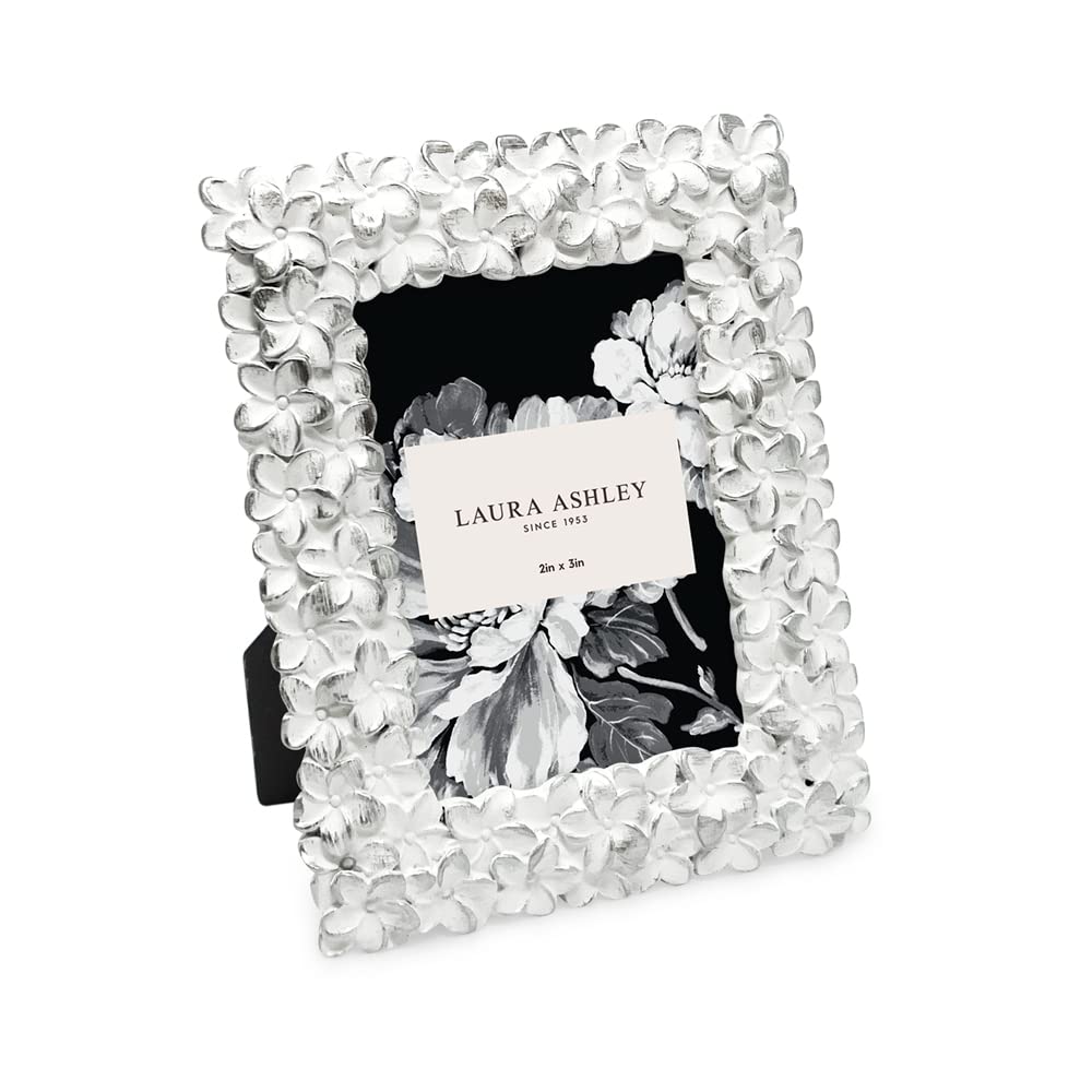 Photo 1 of Laura Ashley 2x3 White & Silver Flower Textured Hand-Crafted Resin Picture Frame w/Easel & Hook for Tabletop & Wall Display, Decorative Floral Design Home Décor, Photo Gallery, Art (2x3, White/Silver)