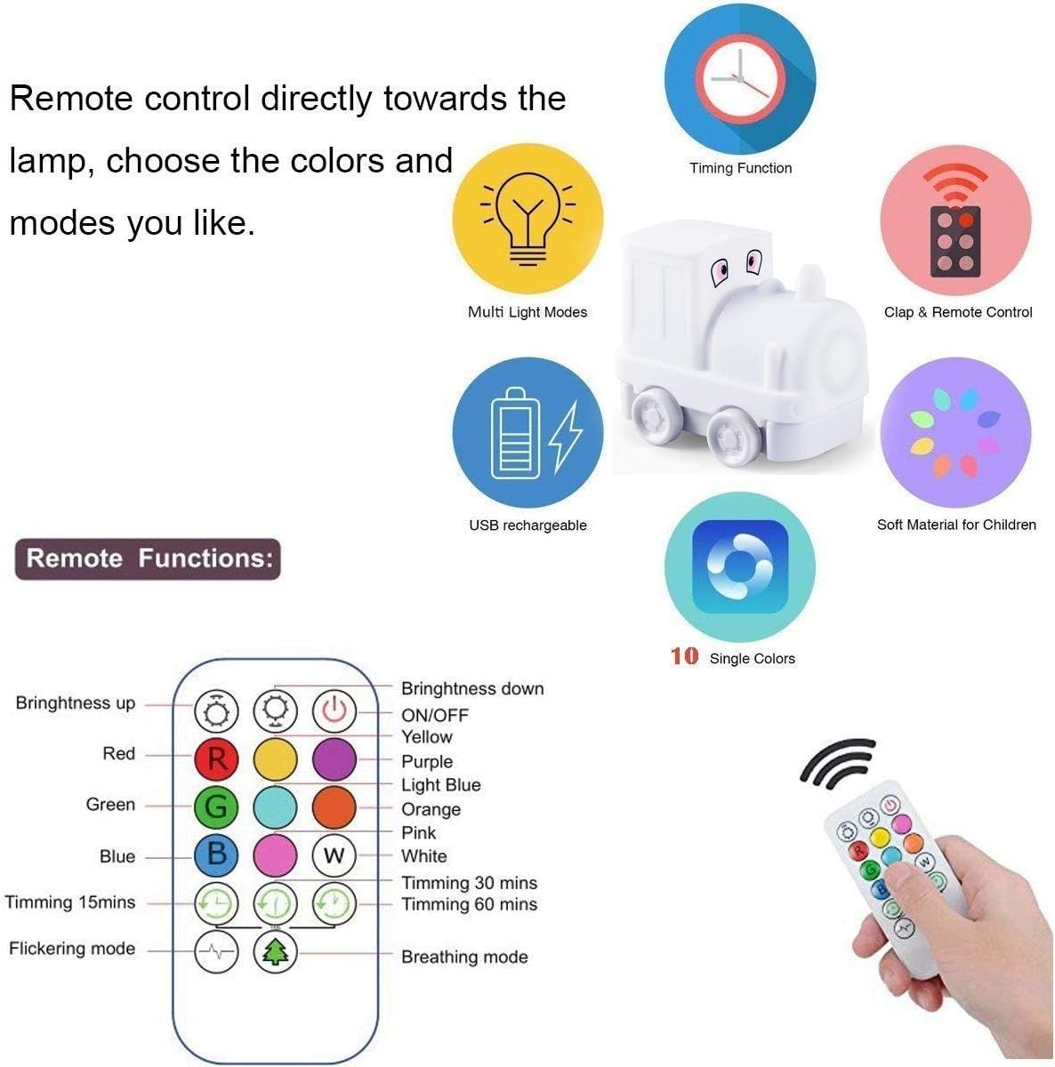 Tekemai Kids Night Light, USB Rechargeable, 9 Color-Changing, Eye-Caring, Remote & Touch Control, Adjustable Brightness - Image 5