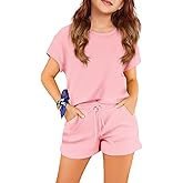 APWEQATA Girls Two Piece Sets Short Sleeve Tshirts and Drawstring Shorts With Pockets Summer Outfits Size 6-14