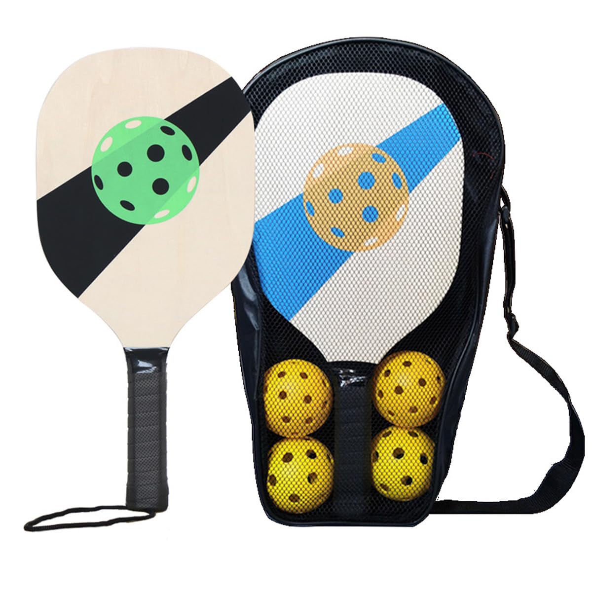 Ieron Pickleball Paddle Bundle Set, Set Includes Two Wood Paddles + Four Balls + One Mesh Pickleball Carrying Bag for Beginners & Pros