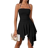 EYNMIN Women's Summer Mini Dress Bodycon Ruched Backless Halter Flowy Ruffle Party Club Short Dresses