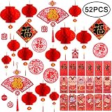 AmazingValueDeal Chinese New Year Decoration - Paper Red Lantern Red Envelopes Hong Bao Red Felt Lucky Character Chinese Fu Character Paper Window - Spring Festival Party Decor [52 pieces]