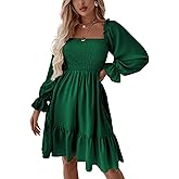 LYANER Women's Square Neck Lantern Long Sleeve Ruffle Shirred Flowy Party Mini Dress