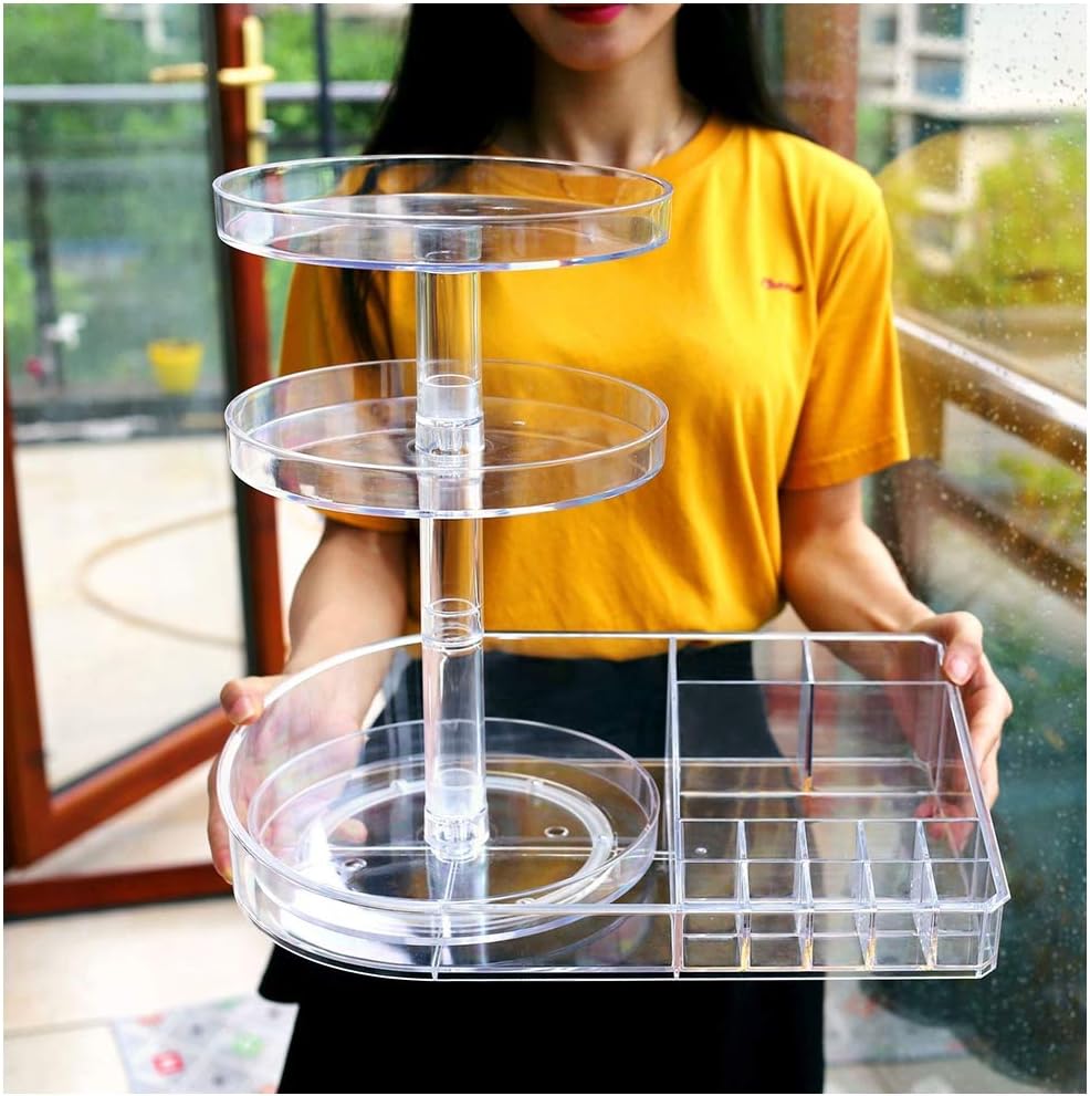 GEF Acrylic 360 Rotating Makeup Organizer, Storage For Cosmetics, Skincare, Nail Polish,Height Adjustable,Perfect For Dressing Table, Bathroom And Bedroom (Clear)