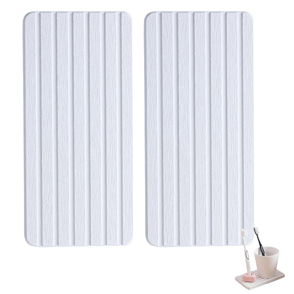 Oiieco 2 Pcs Water Absorbing Stone Trays, Diatomite Stone Drying Mat & Sink Protectors, Fast Drying Soap Tray, Water Absorbent Sink Stone Tray for Bathroom Countertop, 3.9" W x 8.3" L(White)