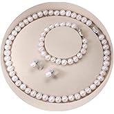 Pttozan Freshwater Pearl Necklaces Set for Women Includes White Silver Pearl Bracelet and Pearl Diamond Stud Earrings Jewelry Set for Women Men Mother Wife Girlfriend Birthday Wedding Christmas Gifts