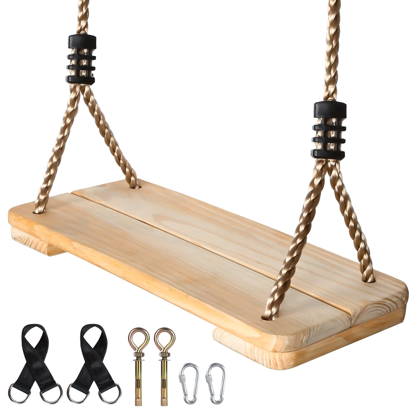 EXTFANS Wood Tree Swing Seat, Wooden Swing Set for Children Adult Kids, 15.7 * 6.3 * 1.2 Inch, Adjustable Rope Swings for Yard Indoor Outdoor Backyard Garden Playground,Max Load 350lbs