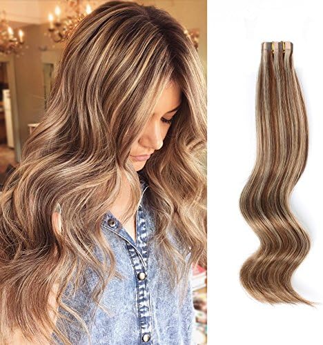 ABH AmazingBeauty Hair Pre-taped 50g 20pcs Sun Kissed Human Hair Highlights Remy Tape in Hair Extensions Skin Weft, Invisible, Seamless, Light Chocolate Brown with Dark Dirty Blonde P4-12, 16 Inch