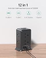 Kemelo Tower Extension Lead with USB Ports 3x USB-A 1x USB-C 8 Outlets 2M view 3