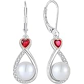 VESHON Heart Birthstone Pearl Earrings, 925 Sterling Silver Infinity Dangle Drop Leverback Earrings, 9mm Freshwater Cultured Pearl & 4mm Gemstone Jewelry Valentine's Day Gift for Women