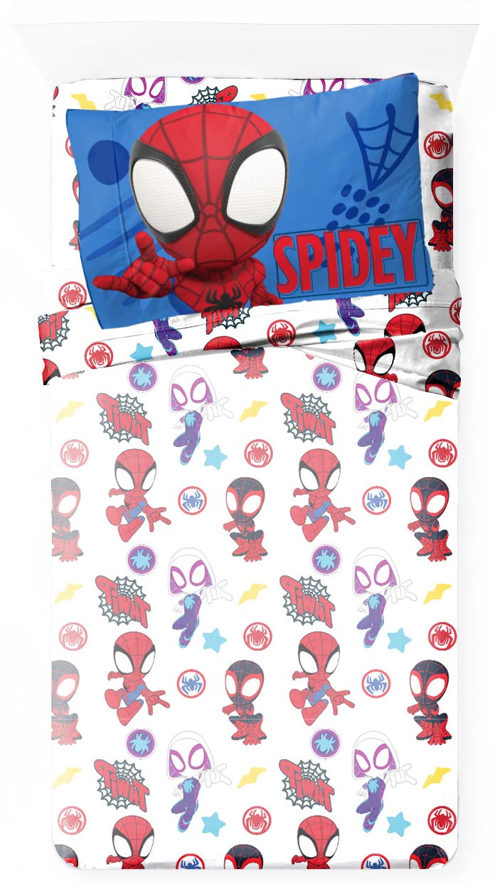 Jay Franco Kids Sheet Set with Fitted, Flat Sheets & Pillow Cover - Ultra-Soft Bedding with Pillowcase for Room Decor, White - Spidey & Friends, 3 Piece Twin