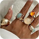 LANWLOSI Chunky Gold Shell Starfish Ring Set for Women Trendy Gold Flower Scallop Seashell Starfish Gemstone Rings Adjustable Stacking Statement R-ings Non Tarnish Spring Summer Jewelry Accessories