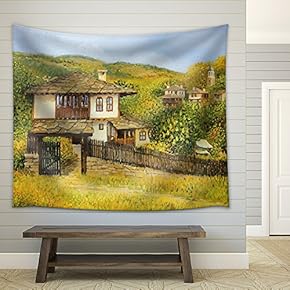 Rural Colorful Autumn Landscape in Village Bojenci in The Balkan Mountains - Fabric Wall Tapestry Home Decor - 51x60 inches