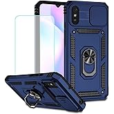 Vokuha Case for Redmi 9A M2006C3LG / Redmi 9i M2006C3LII Case with Tempered Glass Screen Protector and Slide Camera Cover, 360° Rotate Ring Stand Magnetic Cover for Xiaomi Redmi 9A Blue