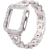 Rhinestones Encrusted Metal Bracelet and Case, Compatible with Apple Watch Bands 38mm-49mm (Series 10/1/SE/Ultra 2)- Bling Gold Women's Jewelry Strap, Luxury iWatch Bracelet with Screen Protector