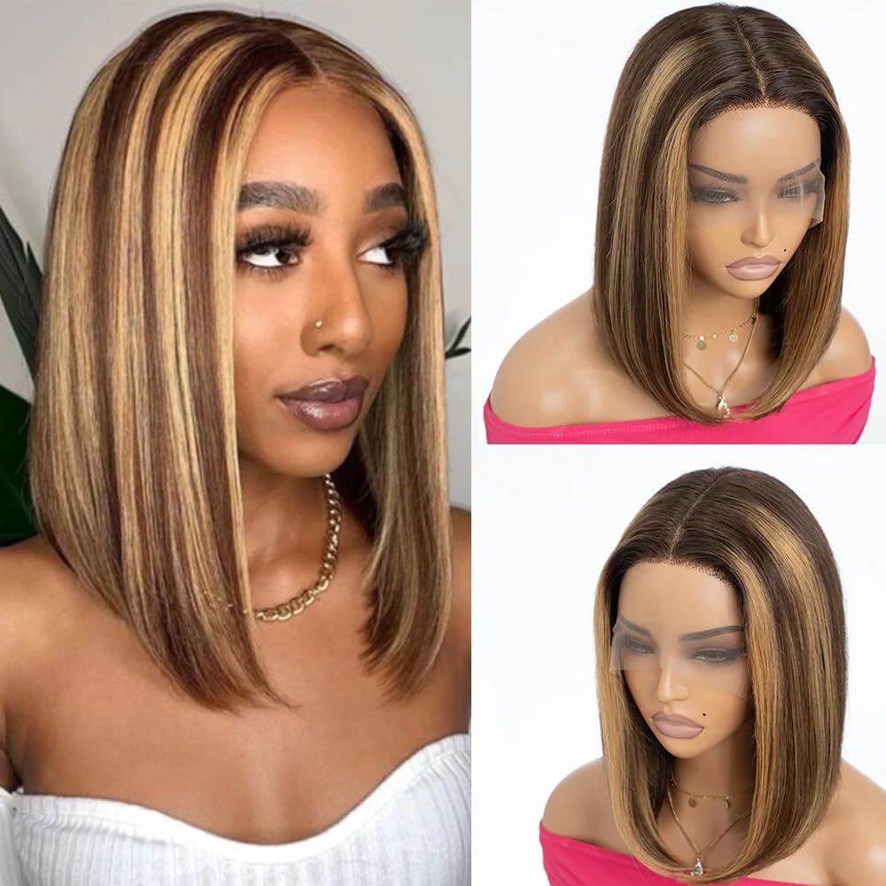 Rebecca Fashion Ombre Highlight Honey Blonde Bob Wig Human Hair T Part HD Straight Lace Front Wigs Human Hair 13x4.5X0.5 Pre Plucked HD Lace Wig Glueless Brazilian Virgin Wigs for Black Women 12 Inch — image 1
