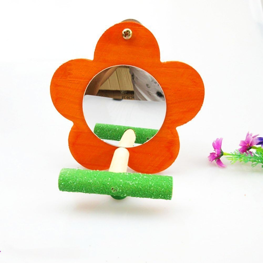 Bird Parrot Mirror Toy with Perch Cage Standing Accessories Parrot Parakeet Budgies Cockatiel Conure Finch Lovebird African Grey Macaw  Cockatoo Birdcage Wood Perch(Color Random) (Flower Shape) : Pet Supplies