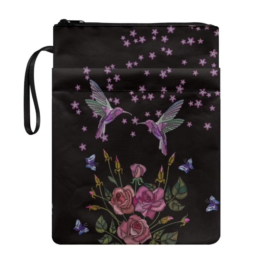 Wanyint Book Sleeve Book Pouch Washable Fabric Book Protector with Zipper 11.4'' x 8.7'' Book Cover for Book Lovers, Classmate, Best Friend, Hummingbird Butterfly Rose Flower
