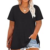 CARCOS Womens Plus Size Tops Basic Summer Shirts Short Sleeve V Neck Tunics Casual T-Shirt Loose Fits XL-5XL