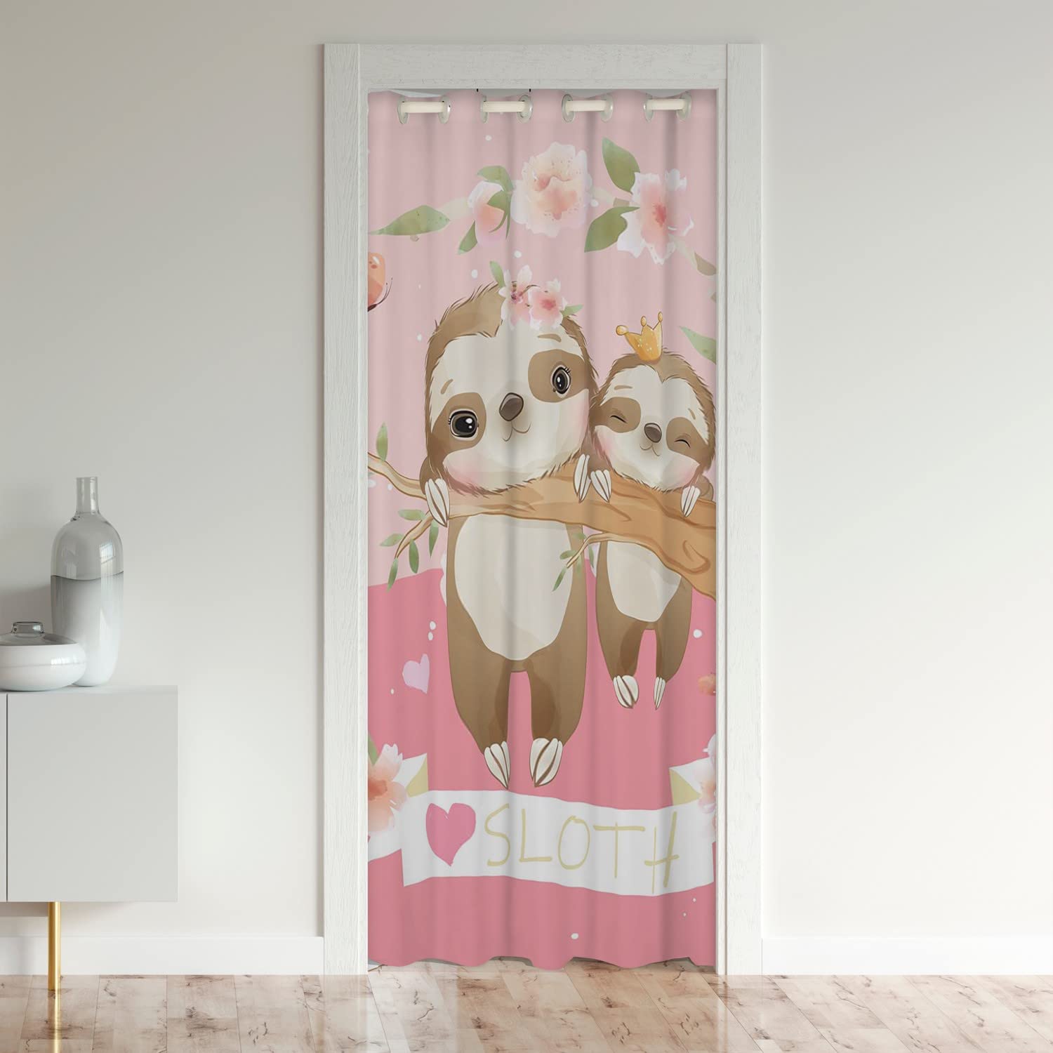 Loussiesd Cute Sloth Privacy Heat Blocking Blackout Door Curtain Animal Door Curtain for Doorway Privacy Cartoon Pink Room Darkening Curtain Drape for Doors Windows106x203cm 1 Panel — image 1