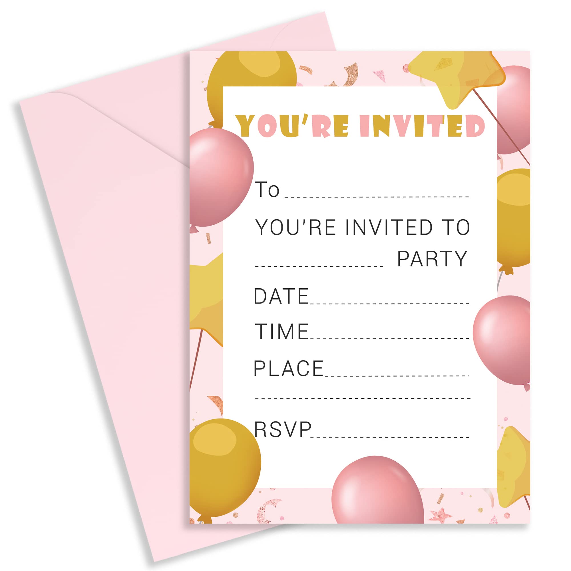 Strivee Rose Gold Balloon Invitations for Kids | Pink Children's Birthday Party Invites (50 Pack)