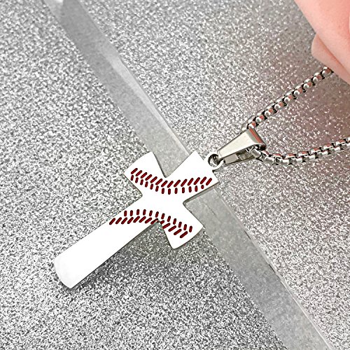 YOUFENG Cross Necklace for Men Baseball Pendant I CAN DO All Things Strength Bible Verse Stainless Steel Necklace (White Cross Necklace) - Thumbnail 3