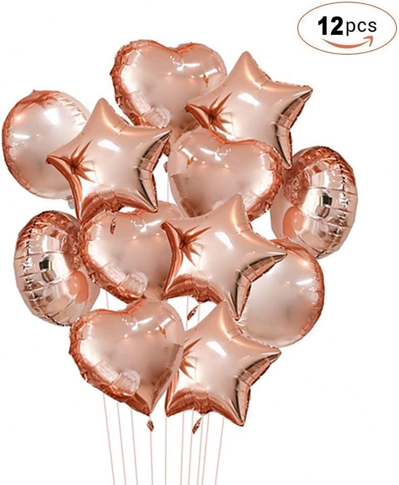 Topeedy Party Balloons Rose Gold Foil Balloons 4 Pcs Heart Shape, 4 Pcs Round Shape, 4 Pcs Star Shape 18 Inches Helium Balloons for Birthday, Wedding, Christmas Party Decoration