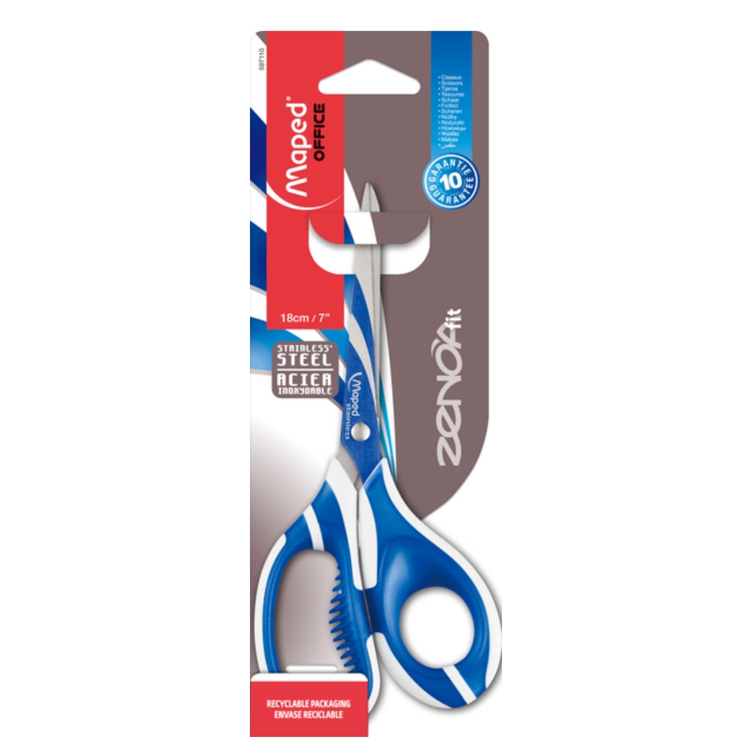 Maped Zenoa Fit Asymmetrical Scissors with Soft Rings and Pain Cushioning Slats 18cm - Right Handed - Random Colour Blue or Grey