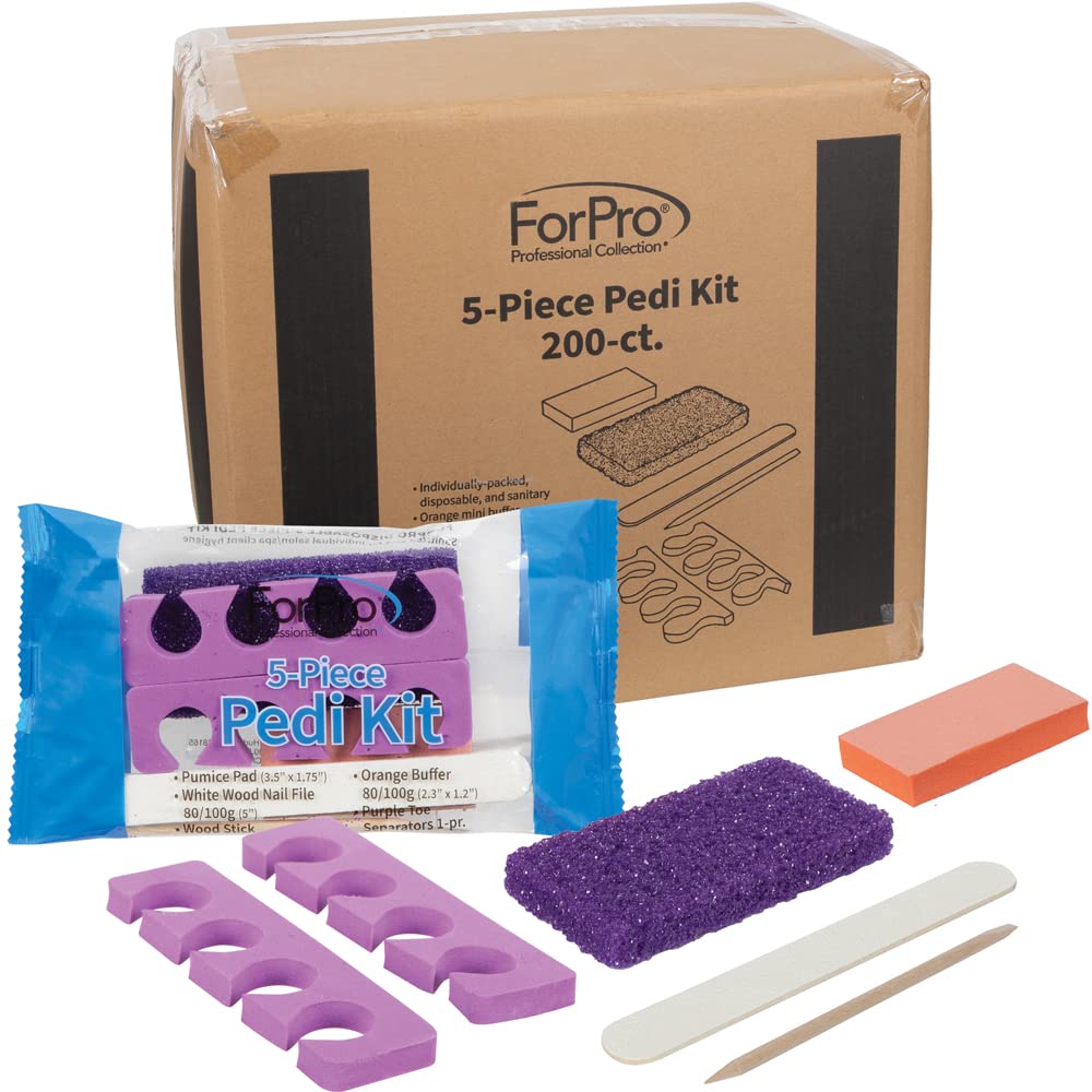 Photo 1 of ForPro 5-Piece Pedi Kit, 200-Count, Individually-Packed Pedicure Set, Purple Pumice Pad, Wood Nail File 80/100 Grit, Mini Buffer 80/100 Grit, Wood Stick, Toe Separators