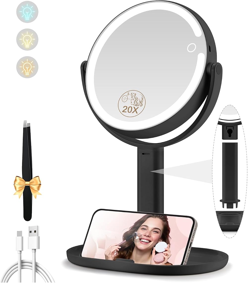 MOMOKUBA Makeup Mirror with Lights 1x/20x Magnification, 3 Color LEDs