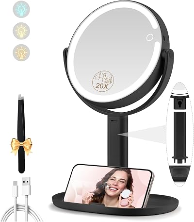 MOMOKUBA Makeup Mirror with Lights 1x/20x Magnification, 3 Color LEDs
