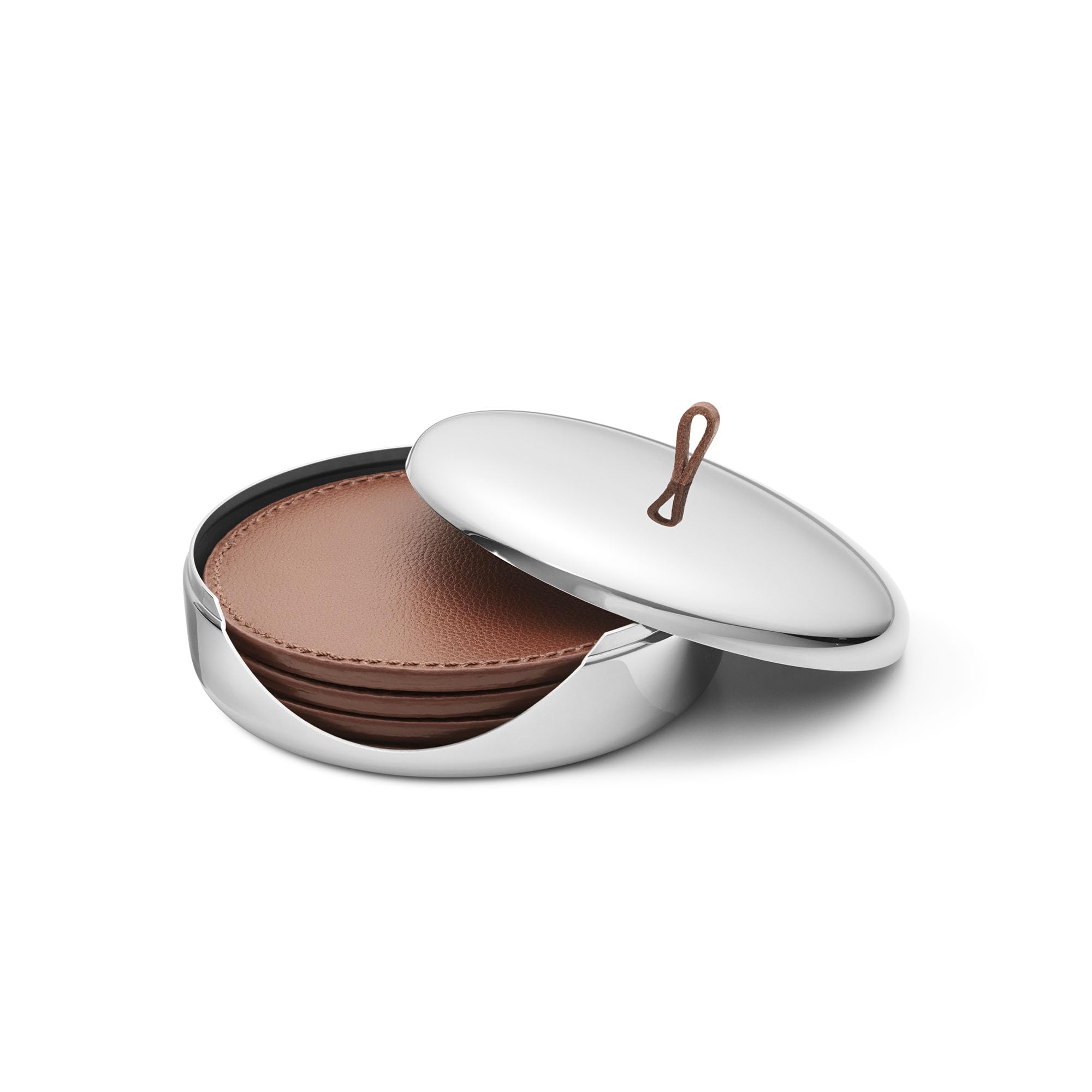 Georg Jensen Sky Drink Coaster Set in Leather - Mirror Polished Stainless Steel Case with Handle