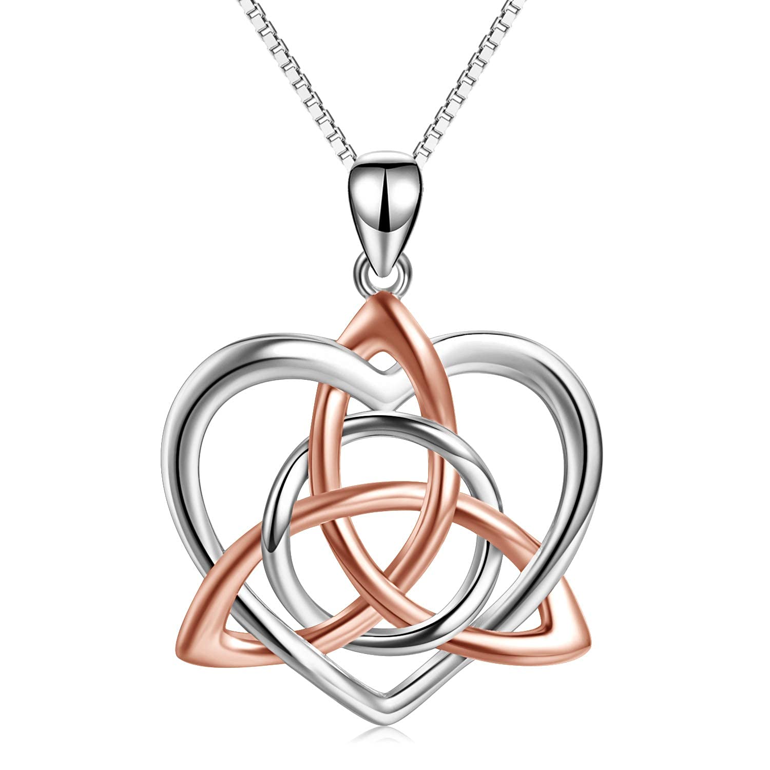 YAFEINI 14K Rose Gold Plated Celtic Knot Necklace Sterling Silver Good Luck Vintage Love Heart Triquetra Irish Celtics Pendant Necklace Jewellery for Women Girls