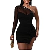 Floerns Women's Mesh One Shoulder Dress Ruched Split Long Sleeve Bodycon Mini Dresses