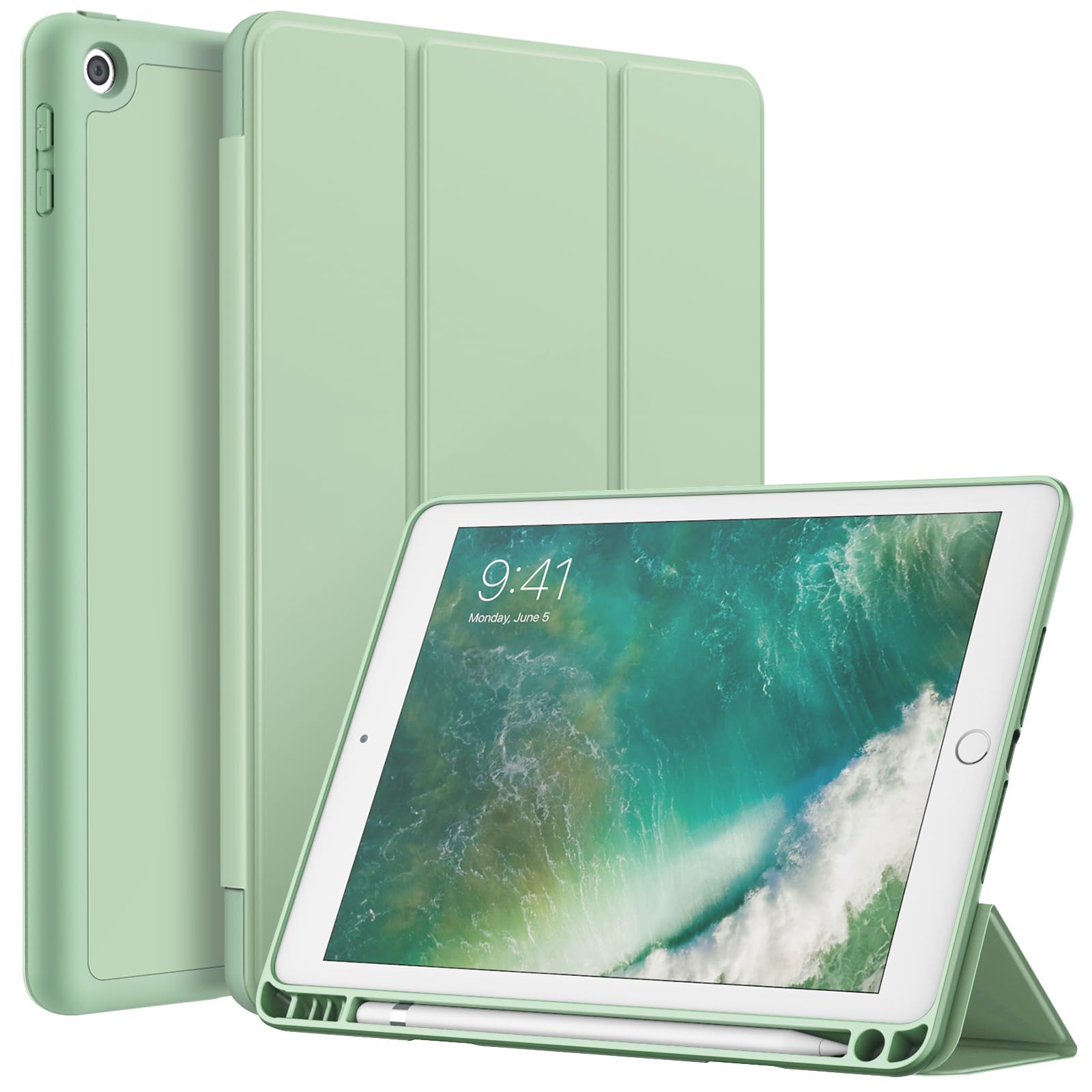 JETech Case for iPad 9.7-Inch (6th/5th Generation, 2018/2017) with Pencil Holder, Slim Tablet Cover with Soft TPU Back, Auto Wake/Sleep (Matcha Green) — image 1