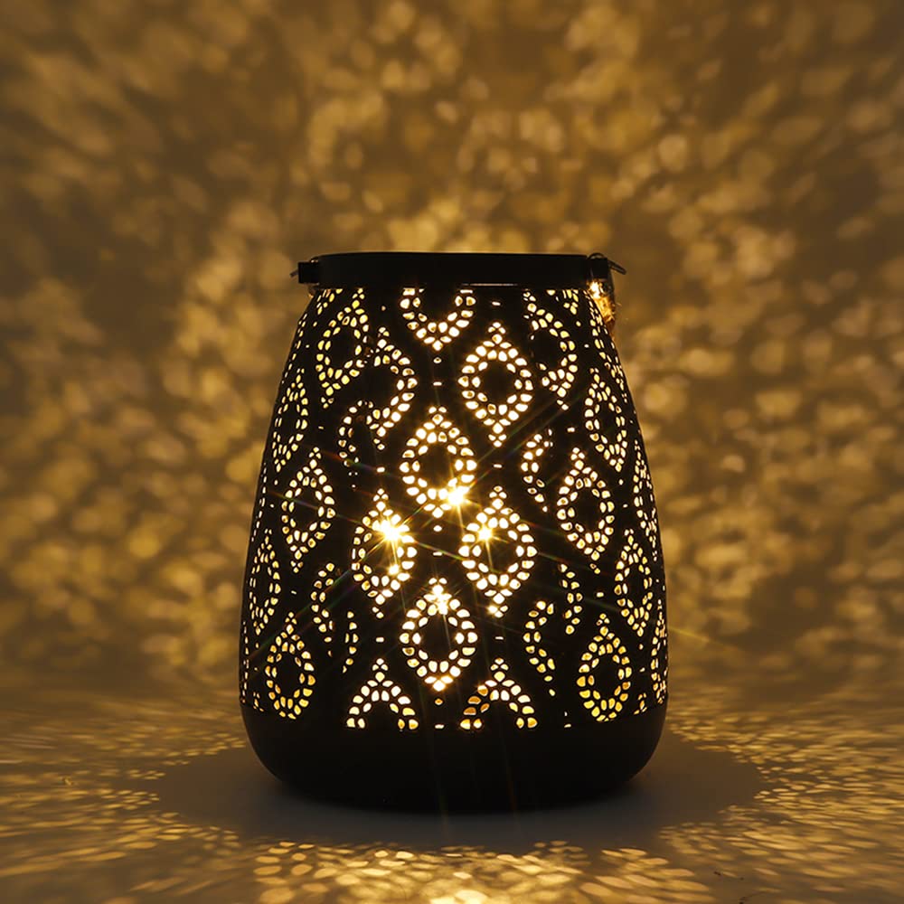 Photo 1 of TRIROCKS Moroccan Style Metal Lamp 8''H Battery Operated Cordless Table Lamp Vintage Lantern for Living Room Garden Yard Patio Parties Event Indoors Outdoors (Black with Gold Brush)