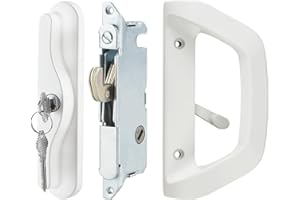 AIsecure Sliding Glass Door Handle Set with Key Cylinder and Mortise Lock Patio Door Lock Replacement Fits 3-15/16 inch Screw Hole Spacing White