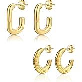 DORAFO 14K Gold Plated Stainless Steel Chunky Hoop Earrings Set, Semi-Closed, Simple Style, Classic Thick Hoops for Women