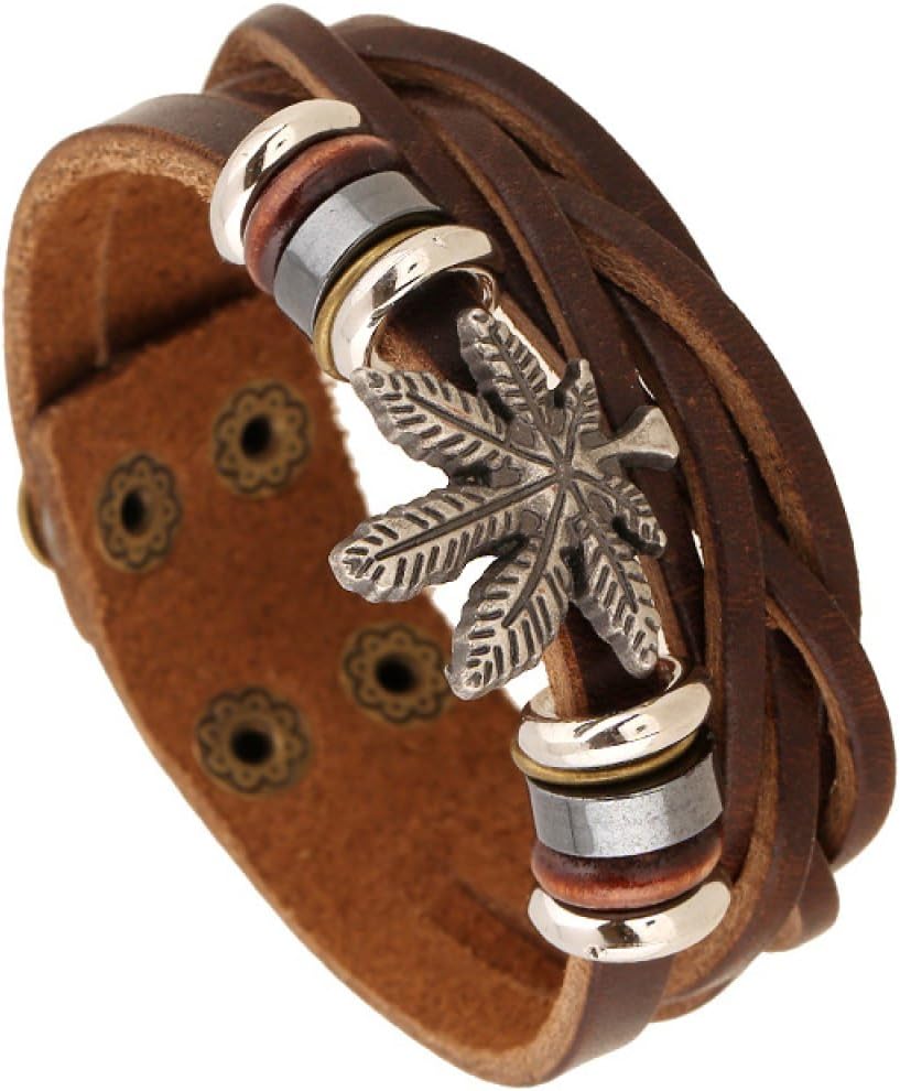 LZHM Punk Style Circle Leather Bracelet Wristband For Men's Hand Woven Bracelet Surf Style Personalized Cuff Bangle Beaded Maple Leaf Brown Color