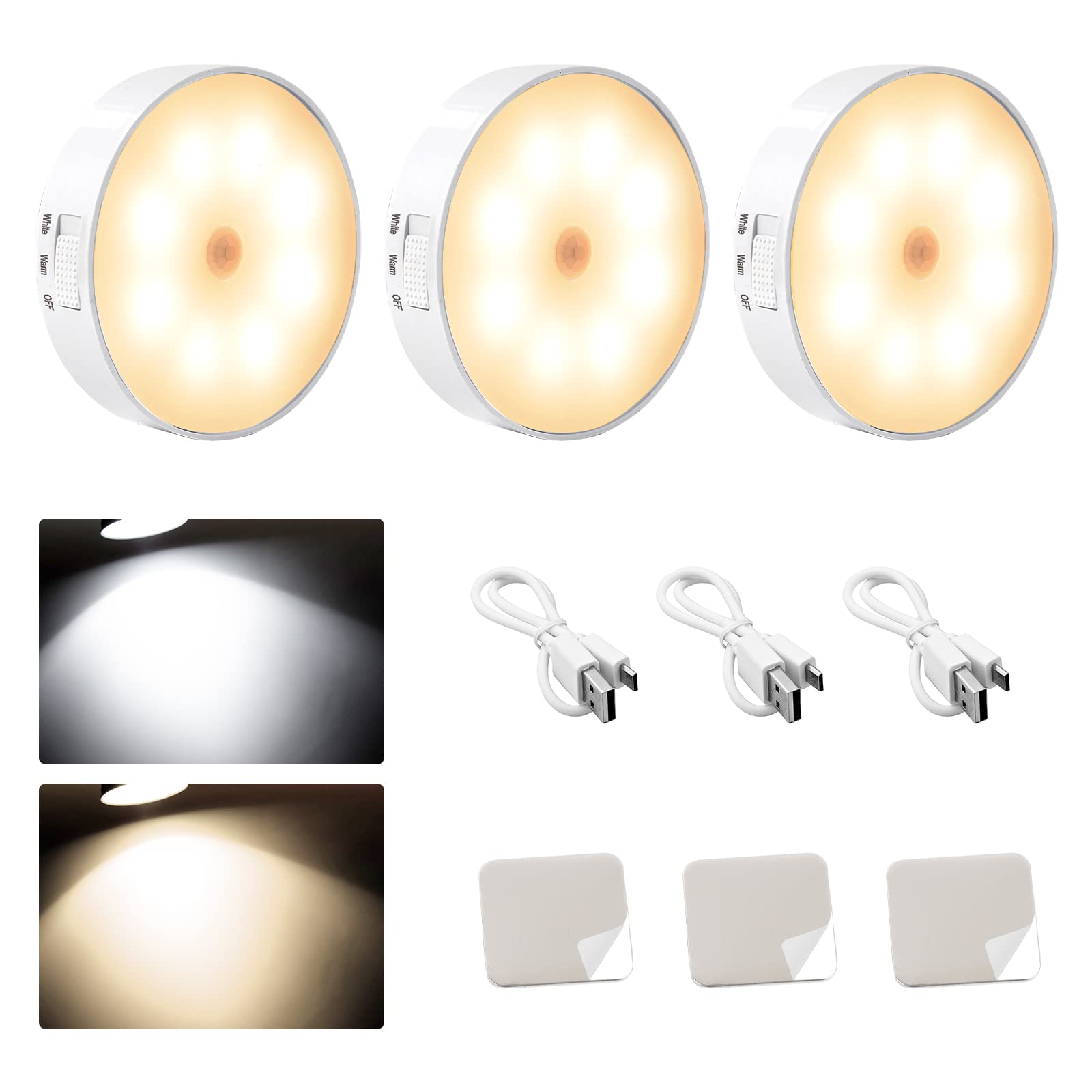 Howeifull Night Light with Motion Detector, Rechargeable 8 LED Motion Detector Indoor Light with Warm Light/White Light for Stairs Closet Hallway Nursery (3 pcs)