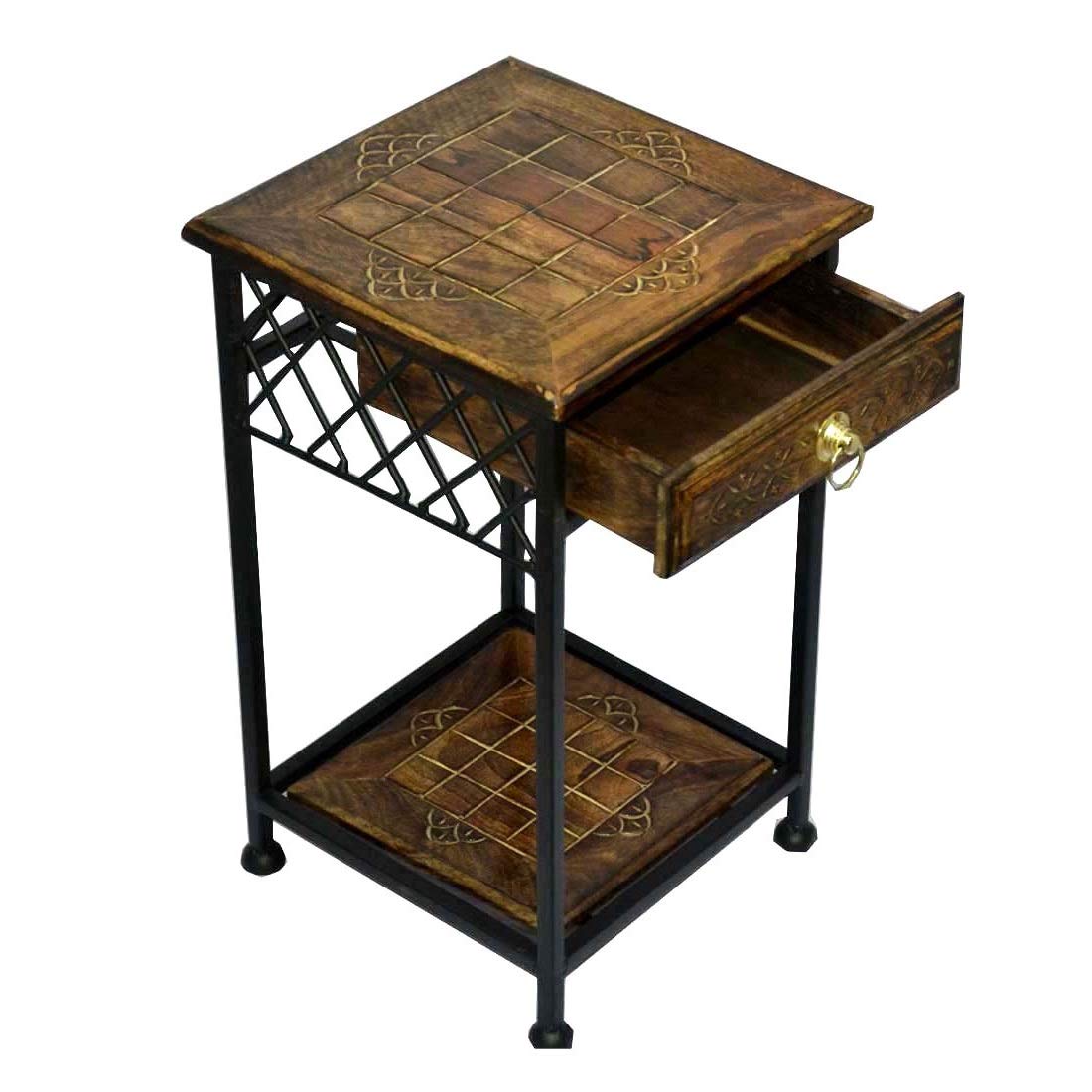 Wooden Creation Iron Wrought Bedside Table/Coffee Table/Sofa Table with Drawer & Shelf for Home