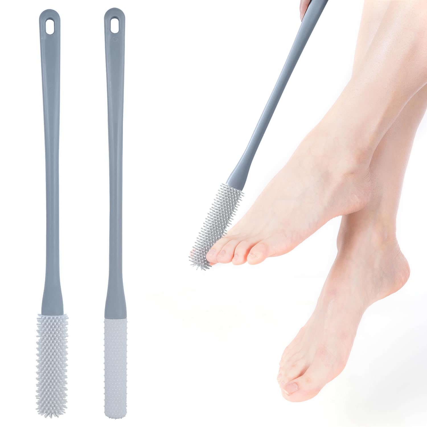 JINYJIA Silicone Foot Wash Brush, Pack of 2 Toe Gap Cleaning Brush, 41 cm Foot Brush for the Shower, Shower Brush with Long Handle, Foot Exfoliating Brush, for Seniors Toenail Cleaning, Grey