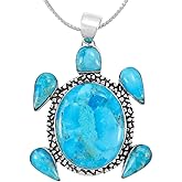 Turtle Turquoise Pendant Necklace 20" Sterling Silver 925 Genuine Gemstones (Choose Color)